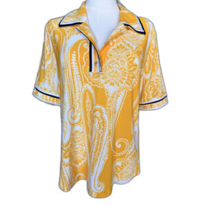 Nautica Yellow Paisley Polo Shirt Women's MED Coastal Resort Golf Short Sleeve